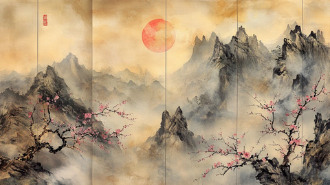 屏风溪流山峦梅花