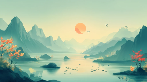 中式山湖插画