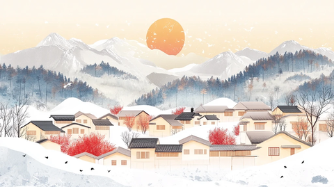 冬季乡村小镇落日