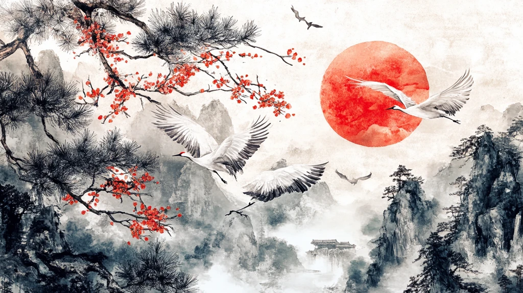 梅花仙鹤旭日东升