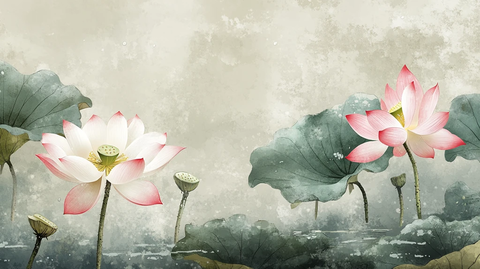水彩荷花背景墙