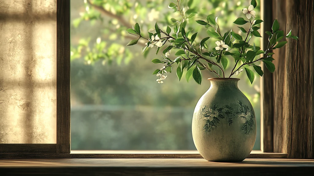 木质花瓶绿叶插花