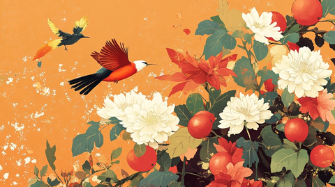 新中式手绘红色花鸟