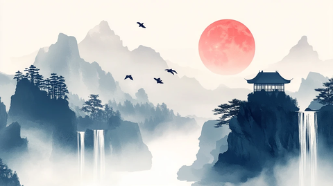 仙鹤楼阁古风山水画