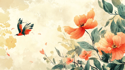 新中式手绘红色花鸟