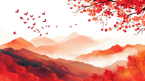 红叶古风山水画
