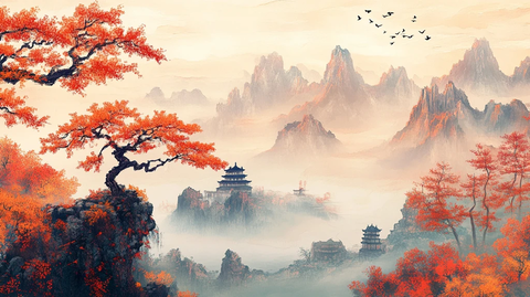 仙鹤楼阁古风山水画