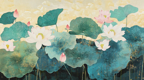 新中式大幅荷花壁画