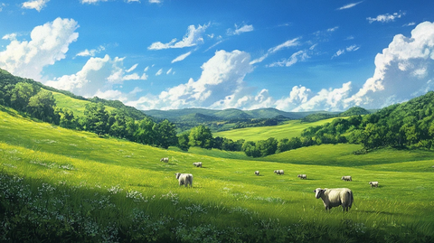 蓝天白云绿草地羊群