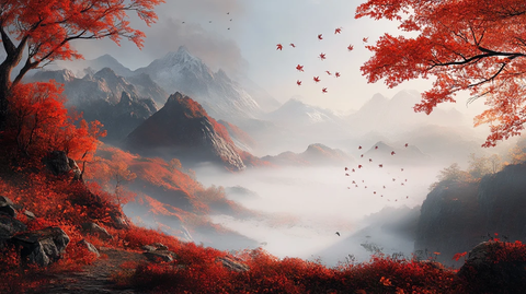 红叶古风山水画