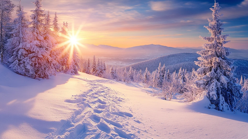 冬季雪景日出阳光