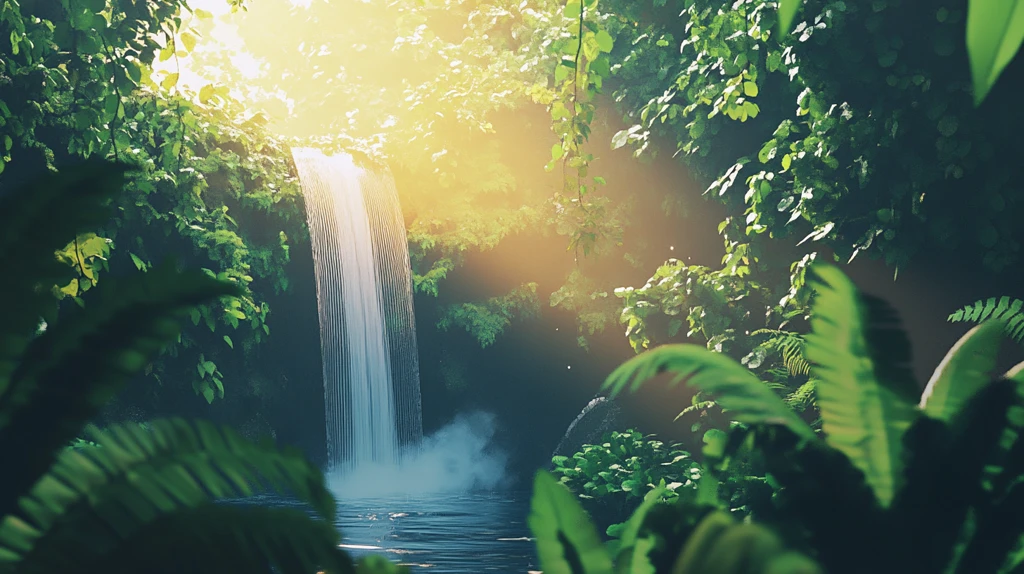 春天竹林瀑布晨曦唯美