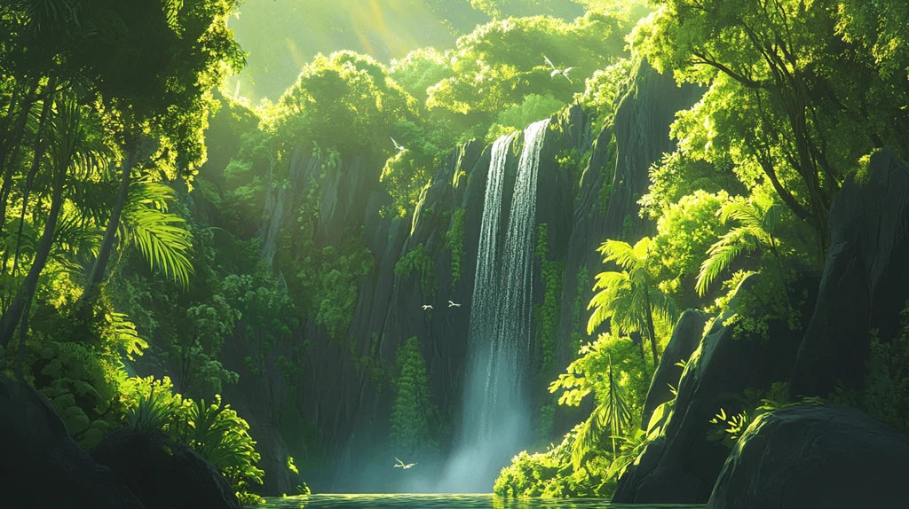 春天竹林瀑布晨曦唯美