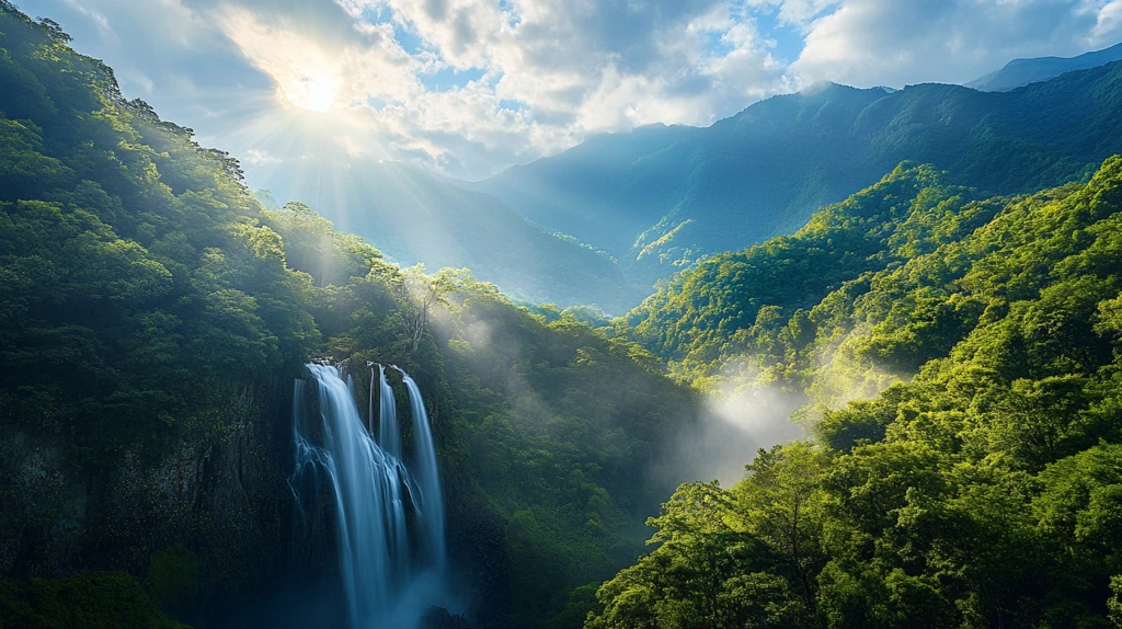 春天竹林瀑布晨曦唯美