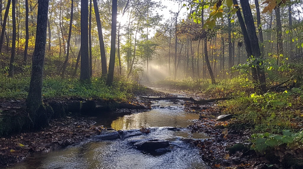 秋季清晨晨雾森林河流