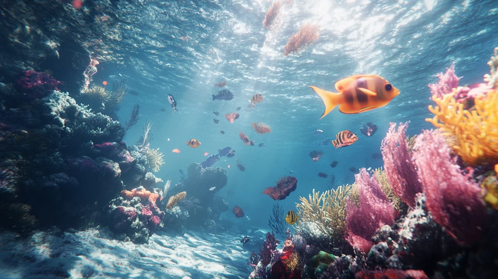 高清珊瑚礁前鱼群游动