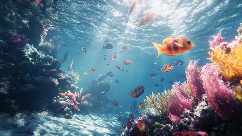 高清珊瑚礁前鱼群游动