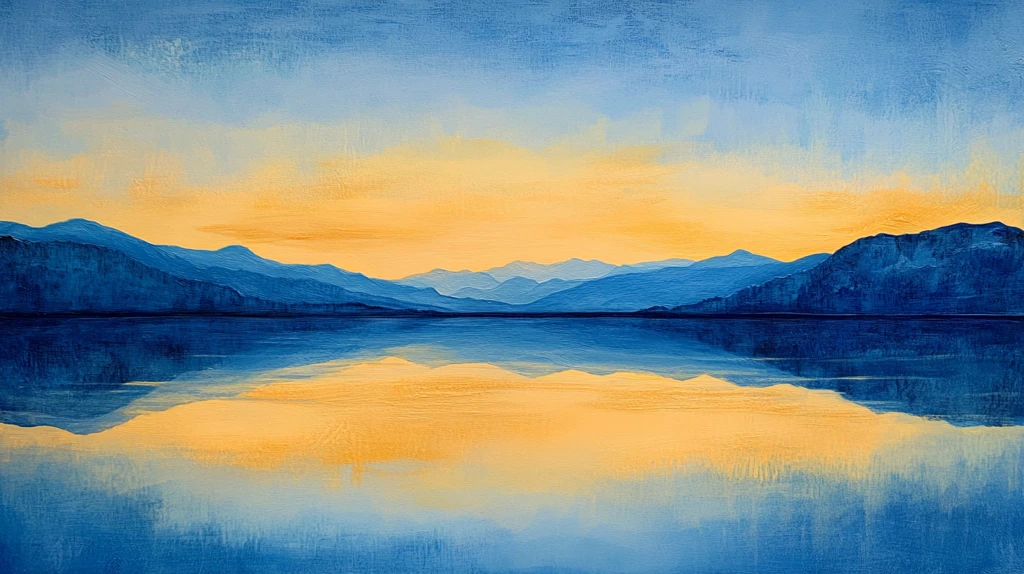 油画远山群山倒影云雾