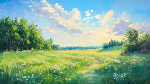 蓝天白云绿草油画