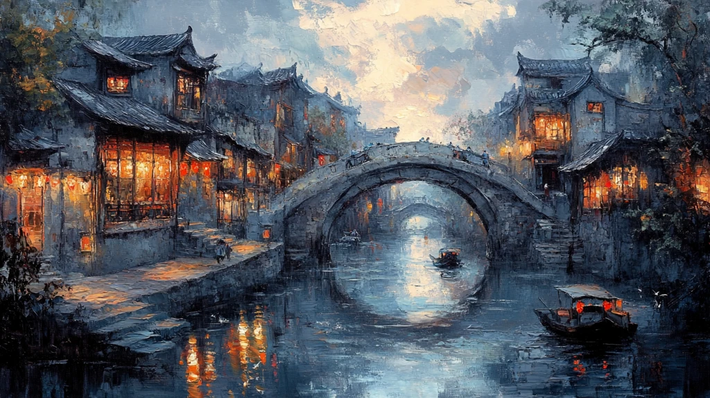 江南古镇油画效果