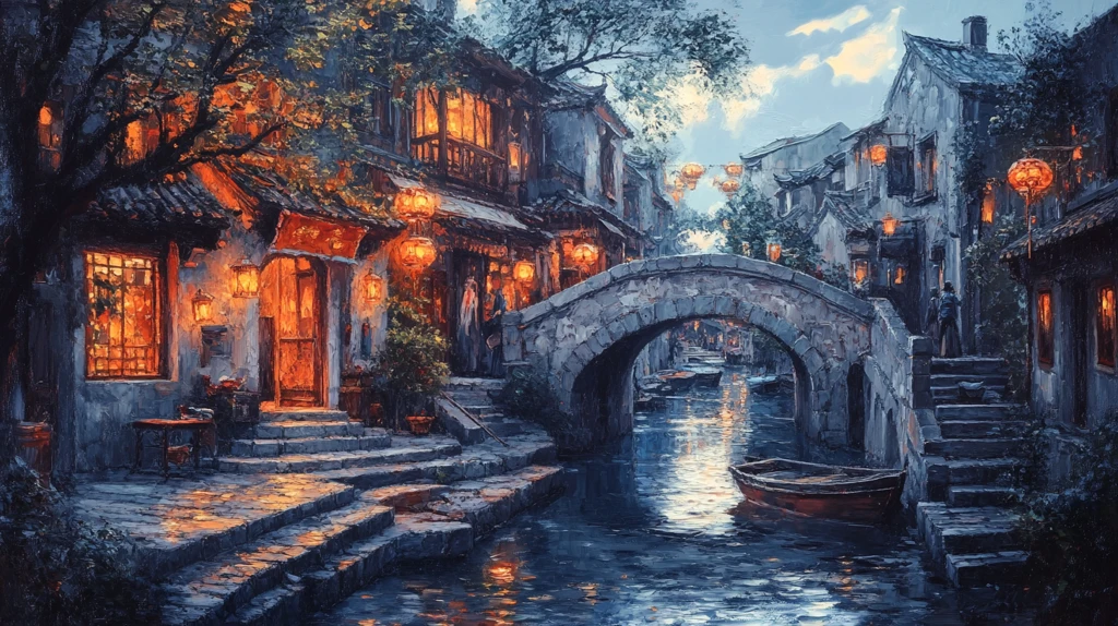 江南古镇油画效果