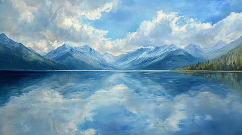 油画远山群山倒影云雾