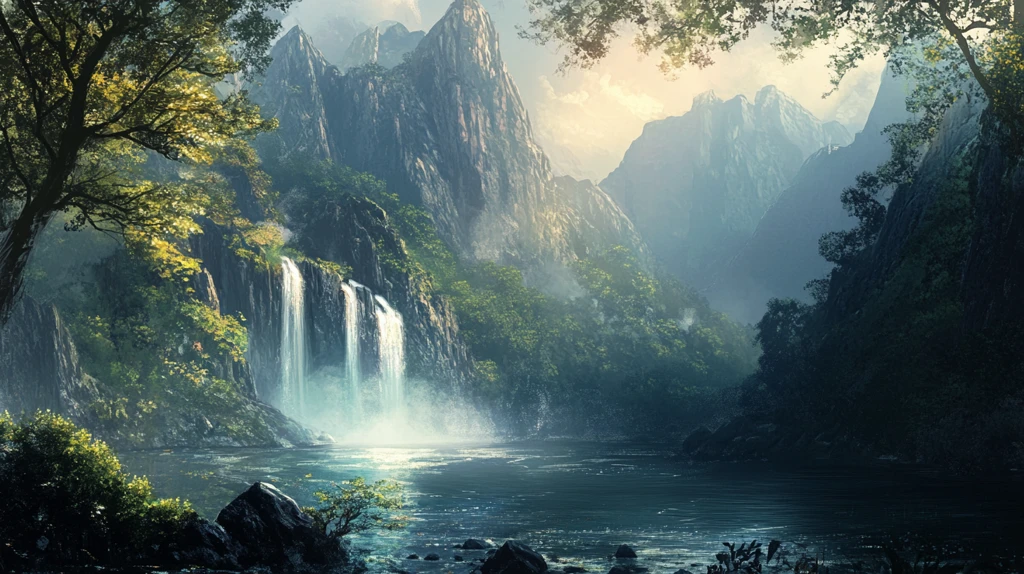 山水风景油画瀑布