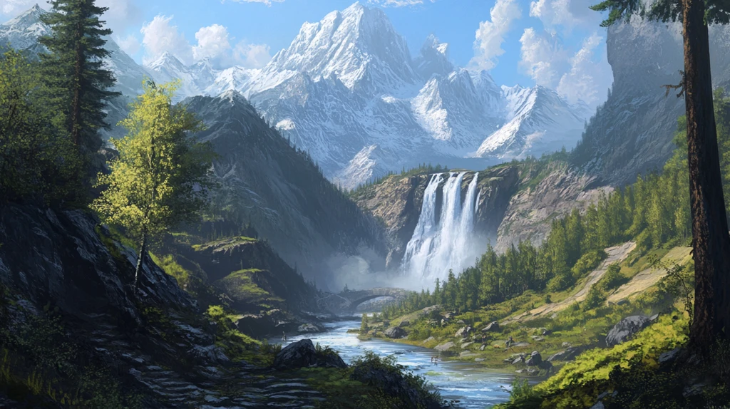 山水风景油画瀑布