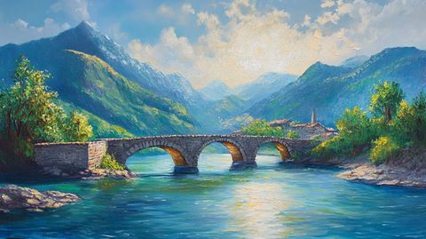 油画风景油画大桥