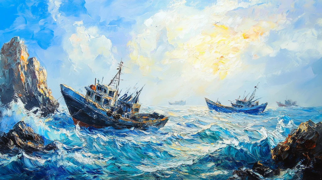 渔船油画