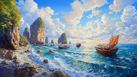 山峰渔船群山油画壁画