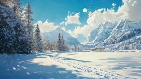 冬季雪景风景油画
