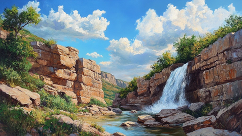 山水风景油画瀑布