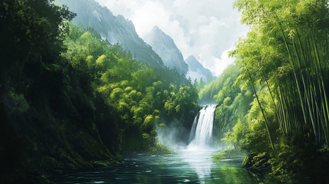 春天竹林瀑布晨曦唯美