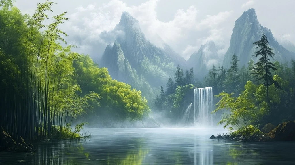 春天竹林瀑布晨曦唯美