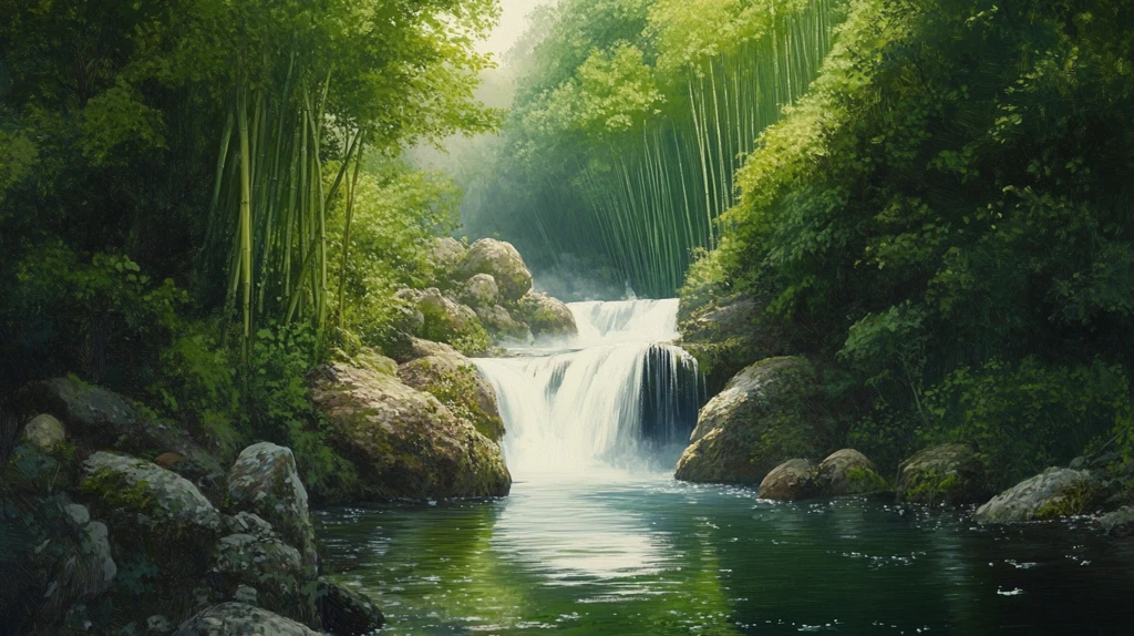 春天竹林瀑布晨曦唯美