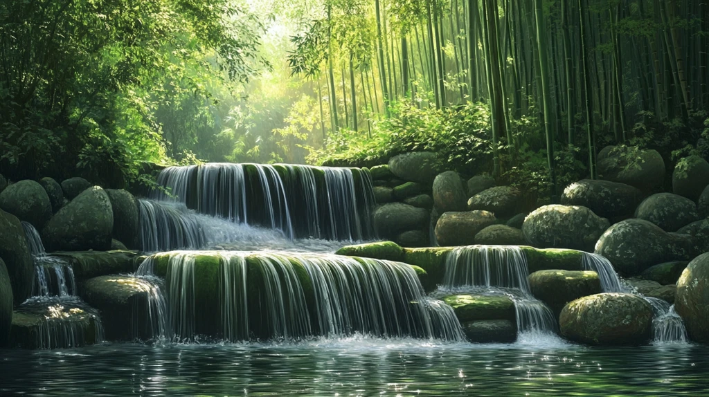 春天竹林瀑布晨曦唯美