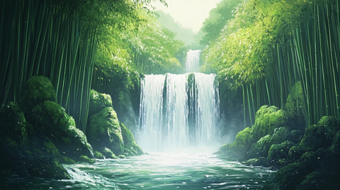 春天竹林瀑布晨曦唯美