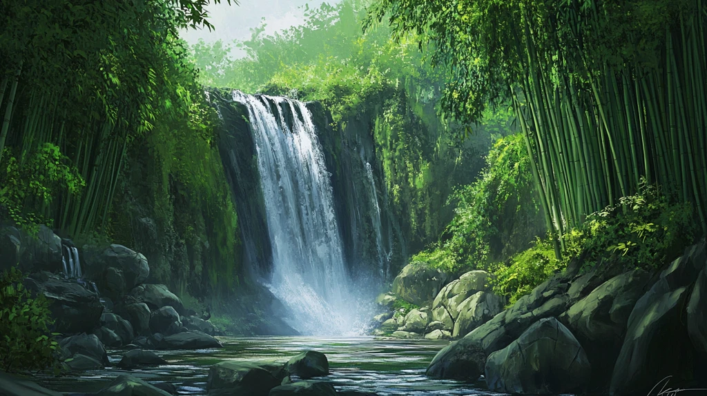 春天竹林瀑布晨曦唯美