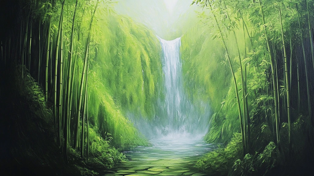 春天竹林瀑布晨曦唯美