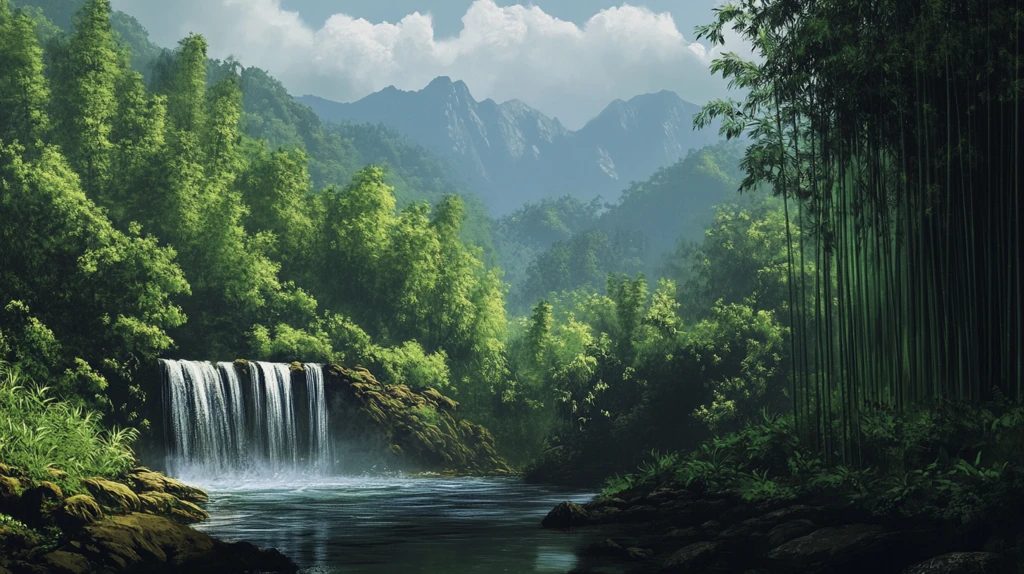 春天竹林瀑布晨曦唯美