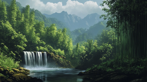 春天竹林瀑布晨曦唯美