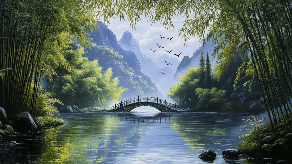 古桥竹林山水