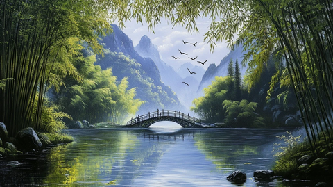 古桥竹林山水