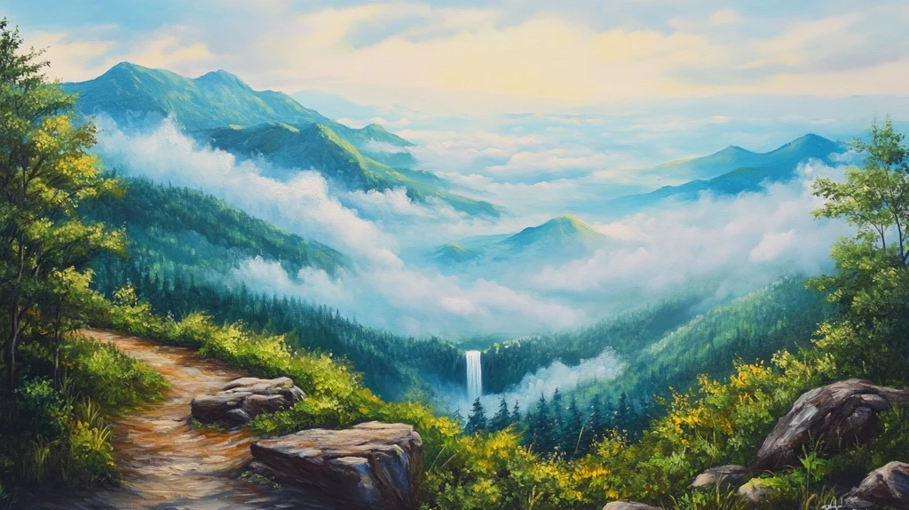 山水风景油画瀑布