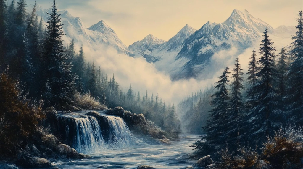 风雪流水山脉油画