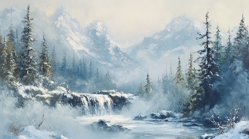 风雪流水山脉油画