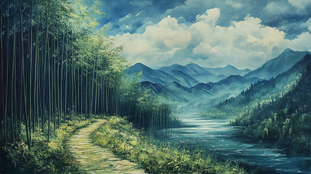 竹林油画