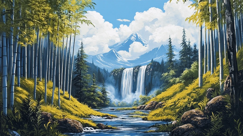 山水风景油画瀑布