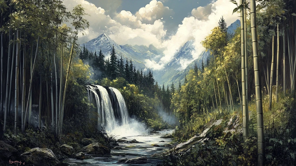 山水风景油画瀑布